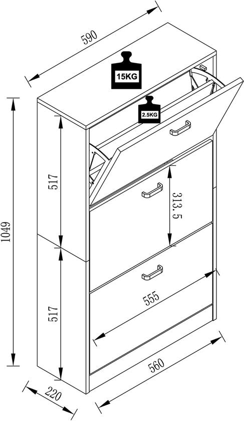 Scarpiera con ripiano in legno 3 ANTE NERA  H. 105 x L. 59 x P. 22 cm