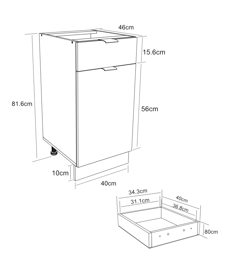 Fasola Base per mobile da cucina con anta e cassetto, ripiano in legno 40