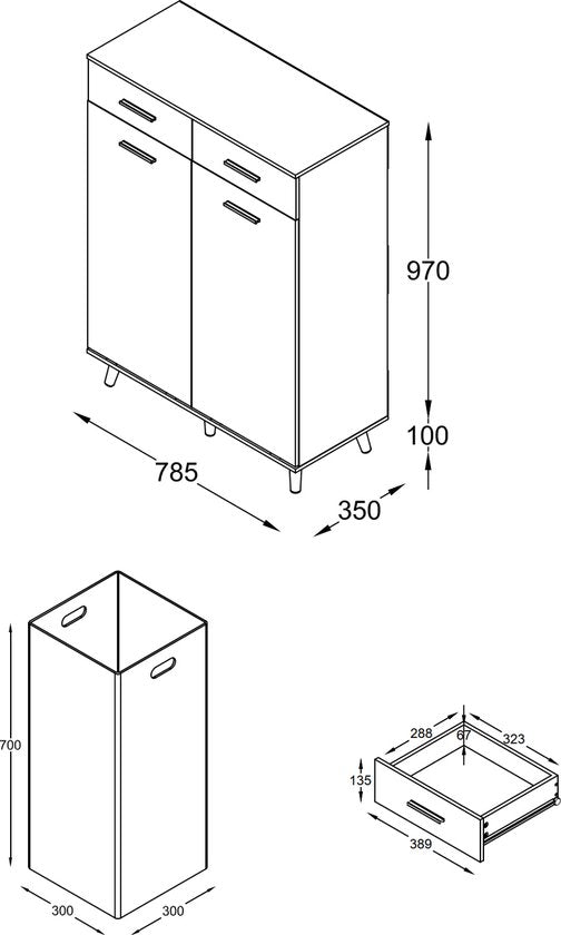 cesto della biancheria H. 97 x L. 79 x P. 35 cm rovere-bianco