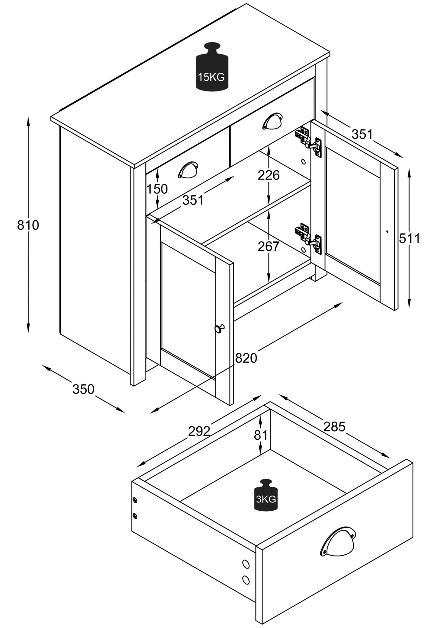 Cassettiera in Legno 81 x L. 82 x P. 35 cm