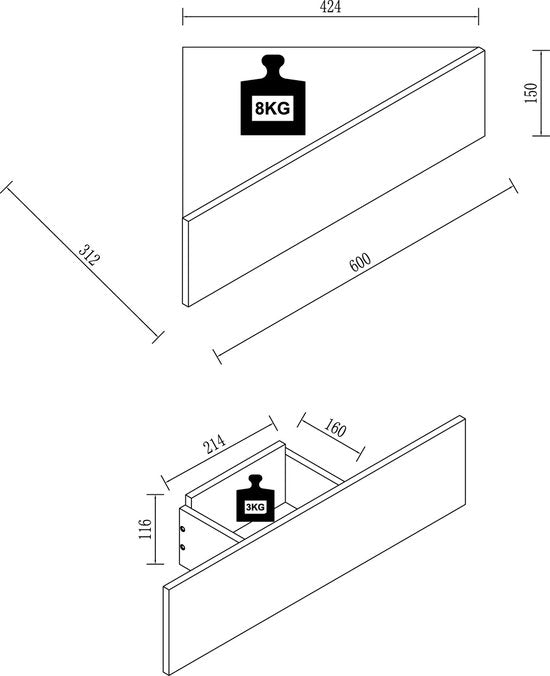 Comodino con cassetto angolare a muro in legno