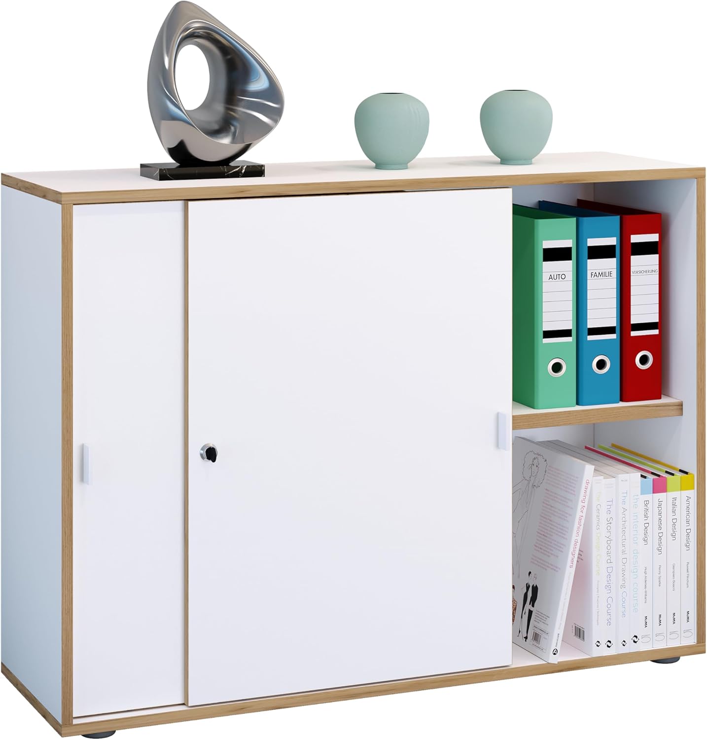 Armadio per ufficio con 2 scomparti | Moderno mobiletto portadocumenti con ante scorrevoli | Dimensioni circa H 74 x L 100 x P 37 cm 2 scomparti BIANCO