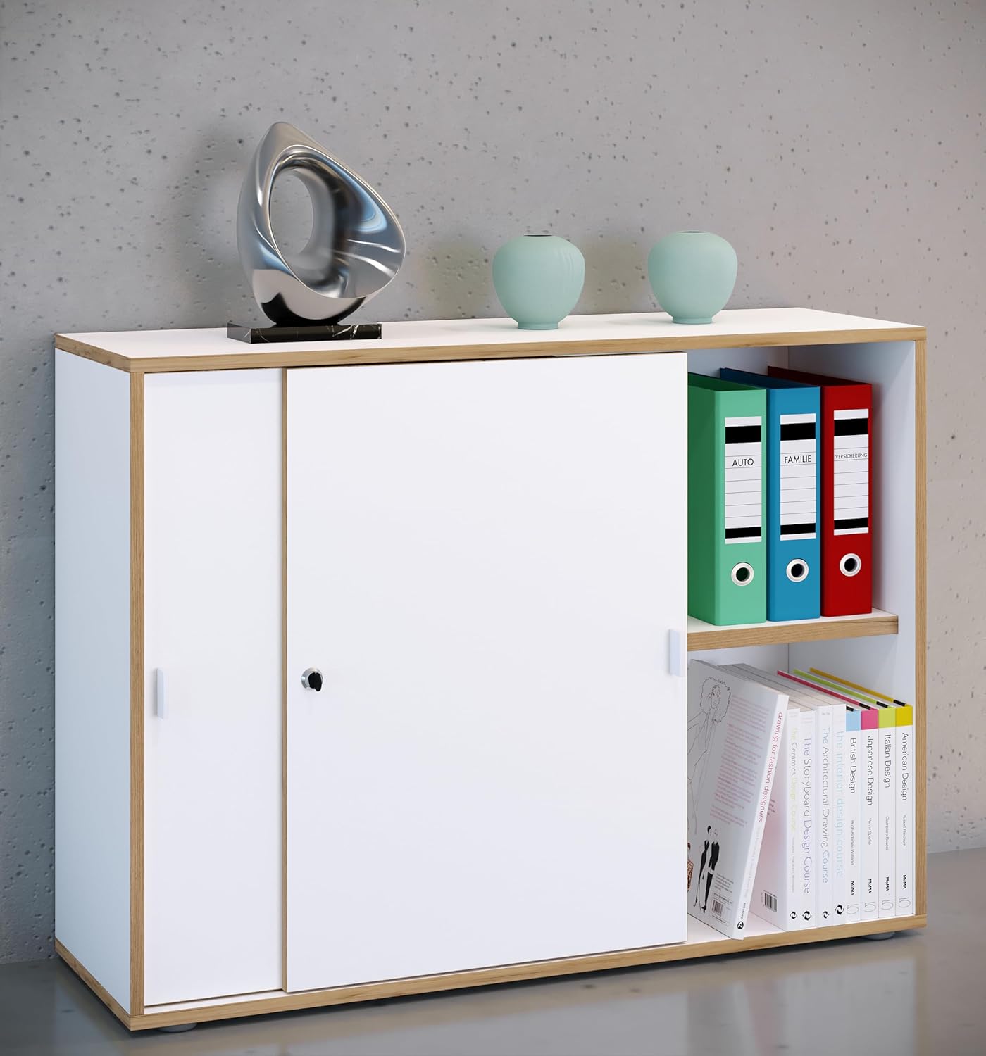 Armadio per ufficio con 2 scomparti | Moderno mobiletto portadocumenti con ante scorrevoli | Dimensioni circa H 74 x L 100 x P 37 cm 2 scomparti BIANCO