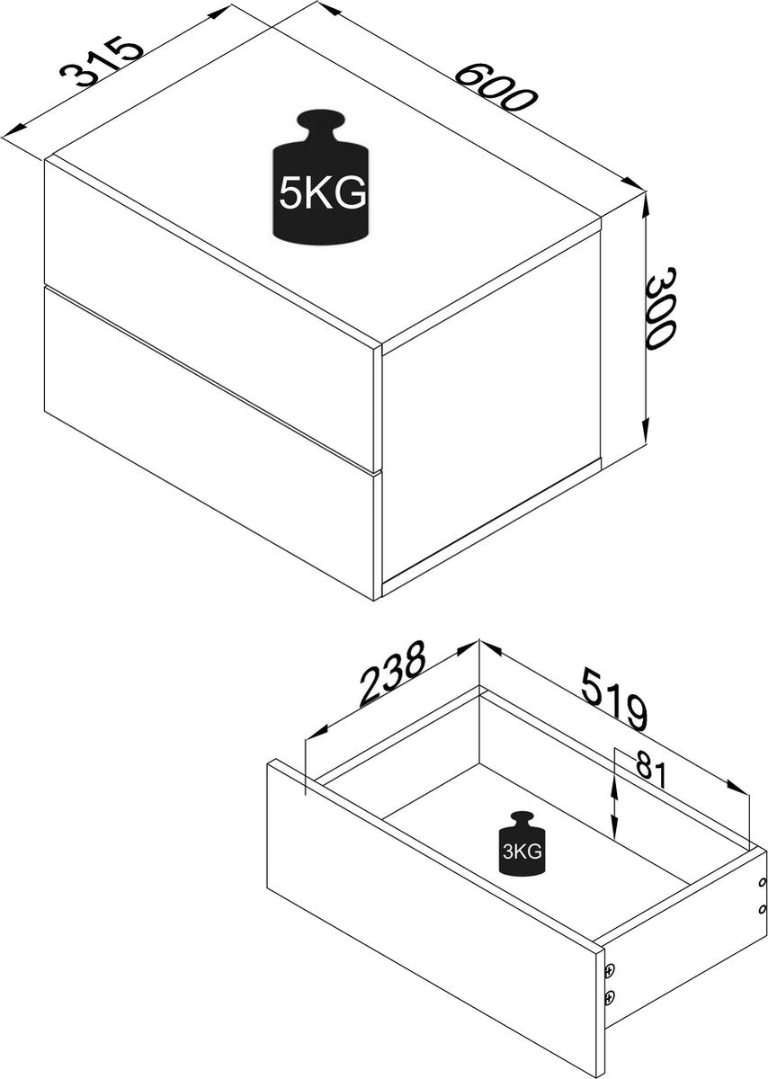 Comodino sospeso a muro con cassetto in legno L60