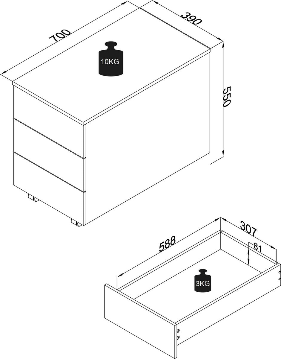 Comodino da ufficio contenitore su ruote  3 cassetti 70cm