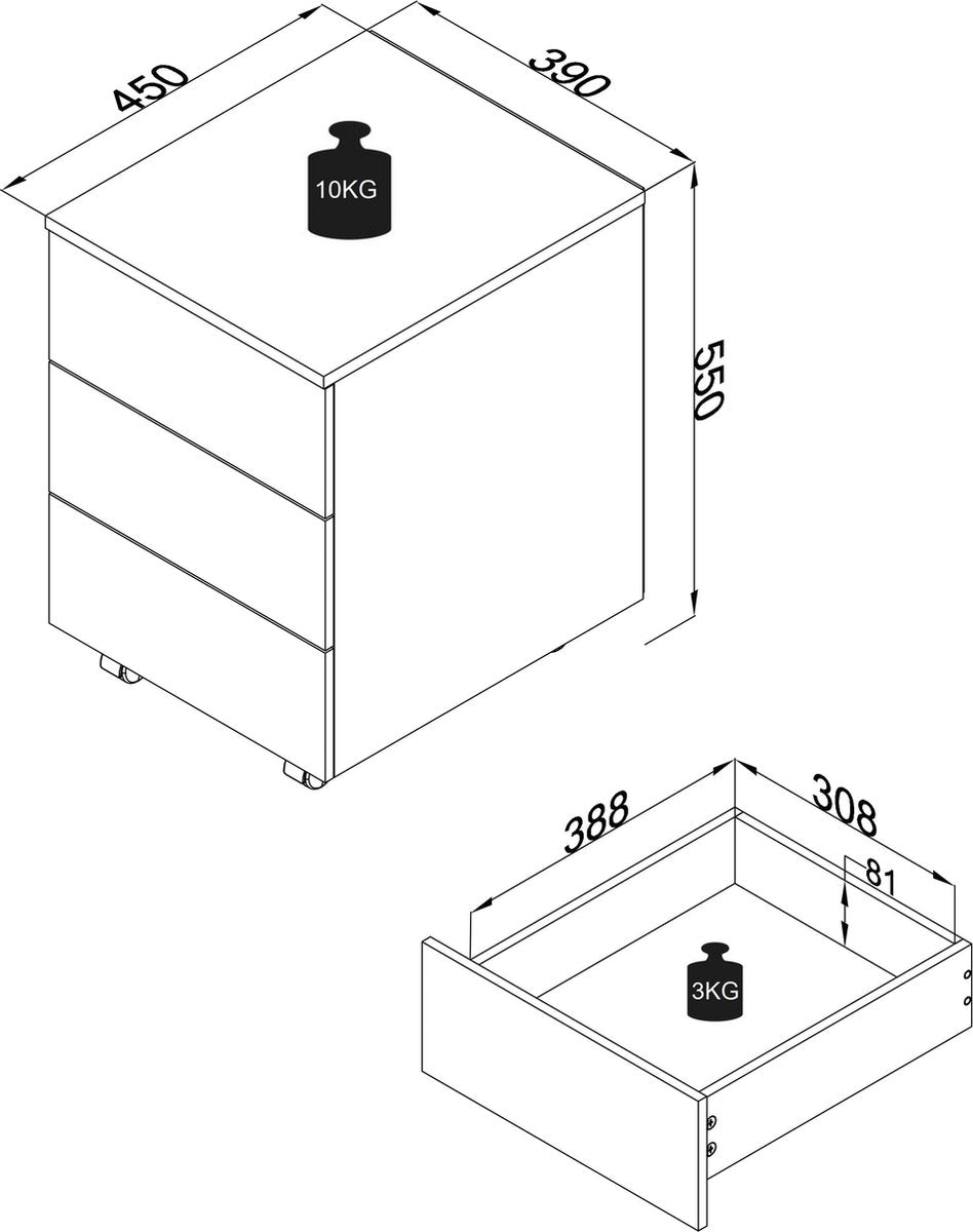 Contenitore roll container ufficio 3 cassetti 45cm